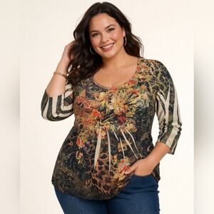 B.L.E.U Multi-Color Floral Pullover Top With 3/4 Length Sleeves, Women's Size 2X